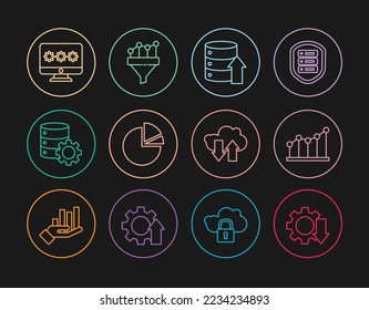 Set line Cost reduction, Pie chart infographic, Server, Data, Web Hosting, and gear, Monitor with password, Cloud download upload and Sales funnel icon. Vector
