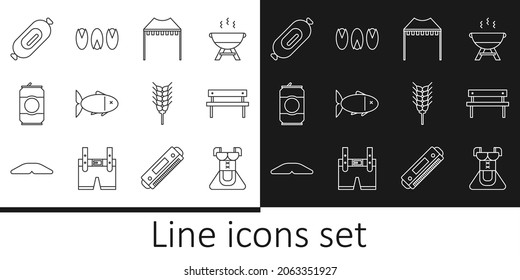 Set line Costume for women dirndl, Bench, Camping tent, Fish, Beer can, Salami sausage, Wheat and Pistachio nuts icon. Vector