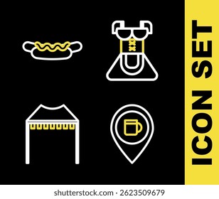 Set line Costume for women dirndl, Alcohol beer bar location, Camping tent and Hotdog sandwich icon. Vector