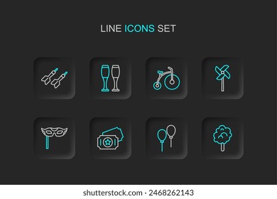Set line Cotton candy, Balloons with ribbon, Circus ticket, Festive mask, Pinwheel toy, Vintage bicycle, Bowling pin and Dart arrow icon. Vector