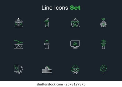 Set line Cotton candy, Clown head, Roller coaster, Playing cards, Hot air balloon, Circus tent, Ice cream waffle and Drum with drum sticks icon. Vector