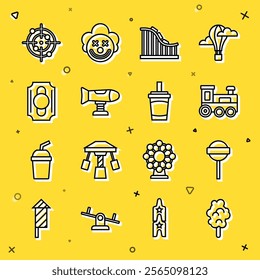 Set line Cotton candy, Lollipop, Toy train, Roller coaster, Swing plane, Circus ticket, Target sport and Paper glass with water icon. Vector