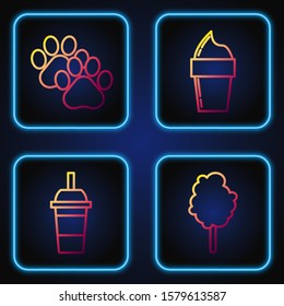 Set Line Cotton Candy, Paper Glass With Drinking Straw And Water, Paw Print And Ice Cream In Waffle Cone. Gradient Color Icons. Vector