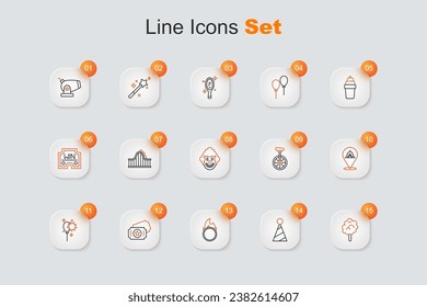 Set line Cotton candy, Party hat, Circus fire hoop, ticket, Balloons with ribbon, tent, Unicycle and Clown head icon. Vector