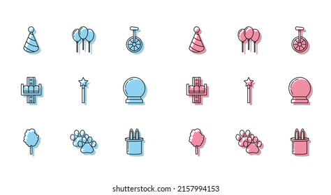 Set line Cotton candy, Paw print, Party hat, Magician rabbit ears, wand, ball, Attraction carousel and Balloons with ribbon icon. Vector
