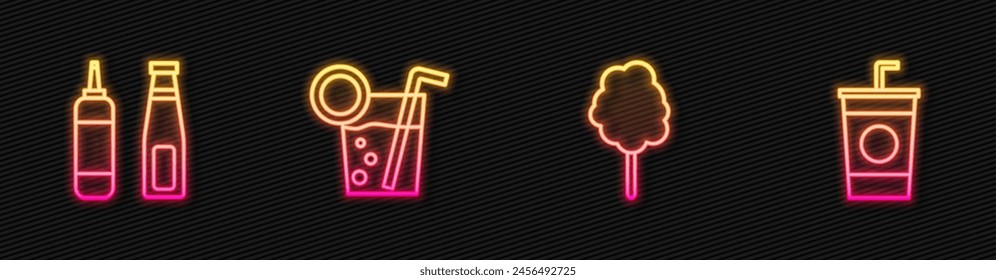 Set line Cotton candy, Sauce bottle, Cocktail and Paper glass with straw. Glowing neon icon. Vector