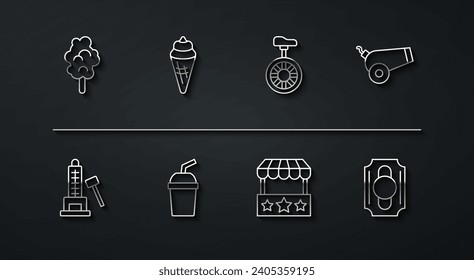 Set-Line-Cotton-Süßigkeiten, Striker Attraktion mit Hammer, Cannon, Ticketbox-Büro, Papier-Glas-Wasser, Eiscreme in Waffelkegel, Circus Ticket und Einrad-oder Rad-Symbol. Vektorgrafik