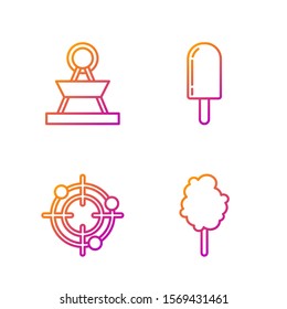 Set line Cotton candy, Target sport for shooting competition, Attraction carousel and Ice cream. Gradient color icons. Vector