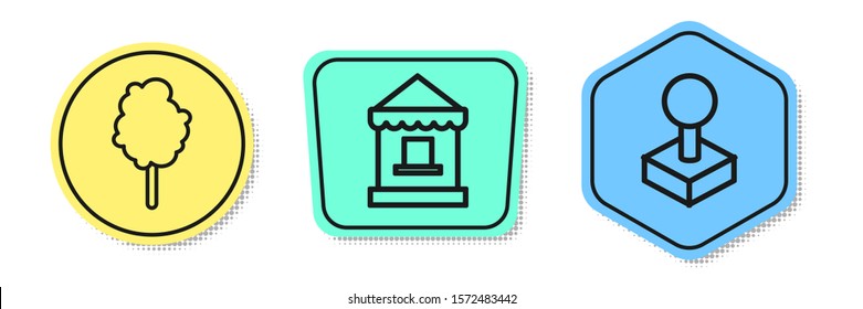 Set line Cotton candy, Ticket box office and Joystick for arcade machine. Colored shapes. Vector