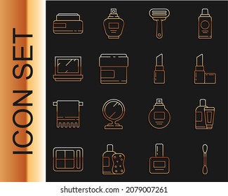 Set line Cotton swab for ears, Cream lotion cosmetic tube, Lipstick, Shaving razor, Makeup powder with mirror,  and  icon. Vector