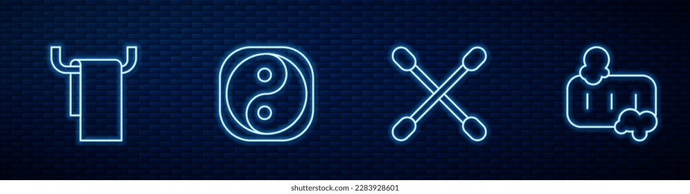Set line Cotton swab for ears, Towel hanger, Yin Yang and Bar of soap with foam. Glowing neon icon on brick wall. Vector