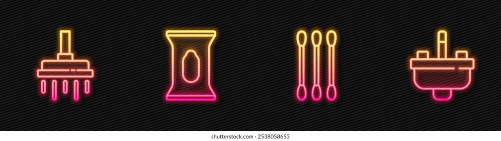 Set line Cotton swab for ears, Shower head, Wet wipe pack and Washbasin with water tap. Glowing neon icon. Vector