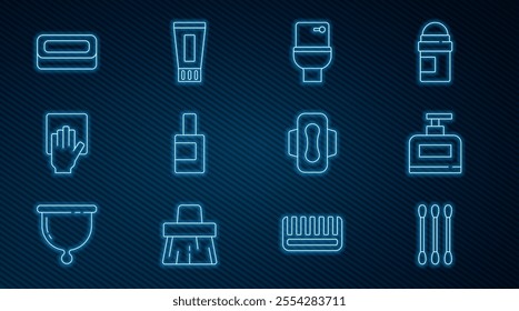 Set line Cotton swab for ears, Bottle of shampoo, Toilet bowl, cleaning agent, Cleaning service, Bar soap, Sanitary napkin and Tube toothpaste icon. Vector