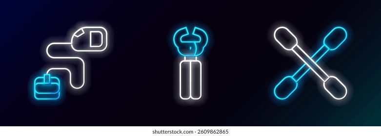 Set line Cotton swab for ears, Retractable cord leash and Pet nail clippers icon. Glowing neon. Vector