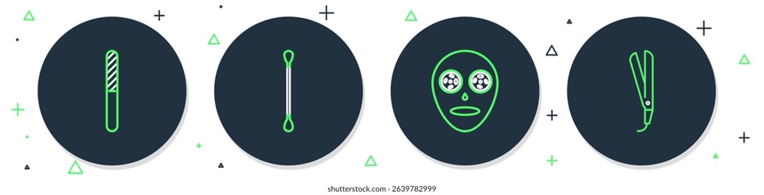 Set line Cotton swab for ears, Facial cosmetic mask, Nail file and Curling iron icon. Vector