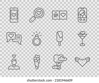 Set line Couple in love, Heart with wings, Valentines day party flyer, Ice cream waffle cone, Mobile heart, Diamond engagement ring, Romantic hot air balloon and Martini glass icon. Vector