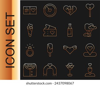 Set line Couple in love, Location with heart, Romantic hot air balloon, Broken or divorce, Love ticket, Ice cream waffle cone, Valentines day party flyer and Wine bottle icon. Vector