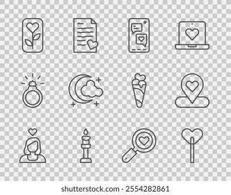 Set line Couple in love, Lollipop, Mobile with heart, Burning candle, Flower rose, Moon stars, Search and Location icon. Vector