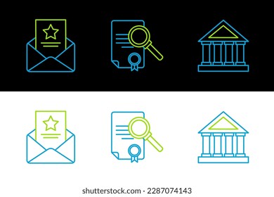 Set line Courthouse building, The arrest warrant and Document with search icon. Vector