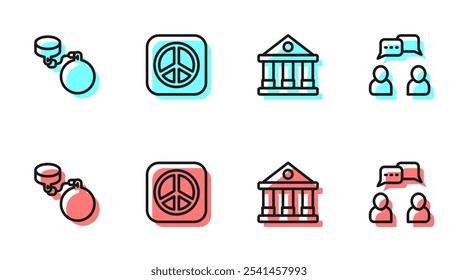 Set line Courthouse building, Ball on chain, Peace and Speech bubble chat icon. Vector