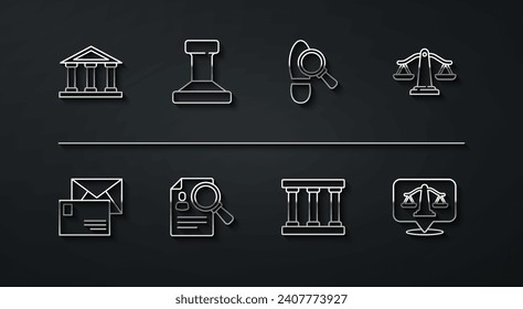 Set line Courthouse building, Envelope, Scales of justice, Prison window, Paper analysis magnifying, Stamp,  and Footsteps icon. Vector