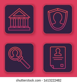 Set line Courthouse building, Magnifying glass for search, User protection and Identification badge. Blue square button. Vector
