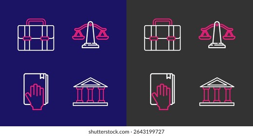 Set line Courthouse building, Oath on the Holy Bible, Scales of justice and Briefcase icon. Vector