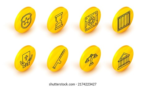 Set line Courthouse building, Scales of justice, Police rubber baton, Oath the Holy Bible, Prison window, Safe, Old hourglass and badge icon. Vector