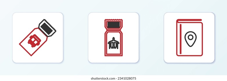 Set line Cover book travel guide, Bus ticket and Airline icon. Vector