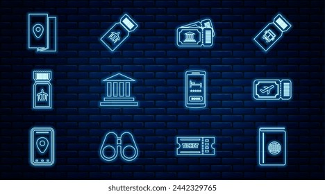 Set line Cover book travel guide, Airline ticket, Museum, building, Online hotel booking and  icon. Vector