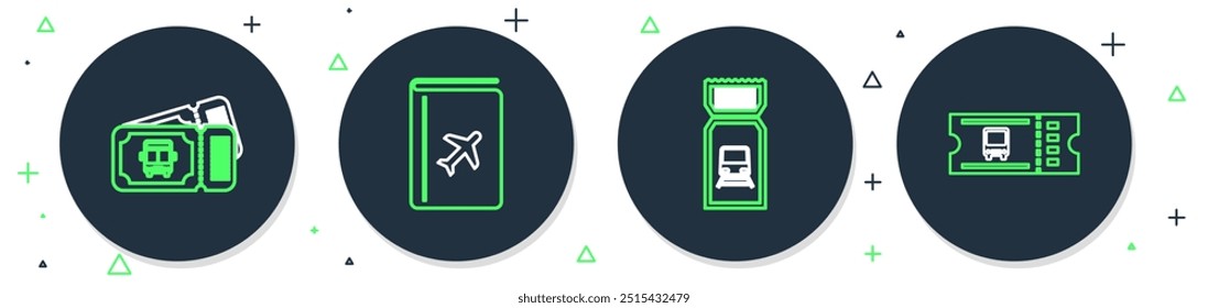 Set line Cover book travel guide, Train ticket, Bus and  icon. Vector
