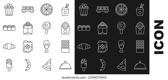 Set line Covered with tray, Chocolate bar, Potatoes french fries in box, Pizza, Noodles, Sushi, Popcorn and Lollipop icon. Vector