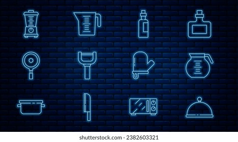 Set line Covered with tray, Coffee pot, Bottle olive oil, Peeler, Frying pan, Blender, Oven glove and Measuring cup icon. Vector