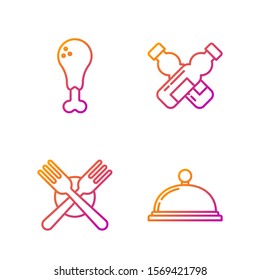 Set line Covered with a tray of food, Crossed fork, Chicken leg and Crossed bottle of water. Gradient color icons. Vector