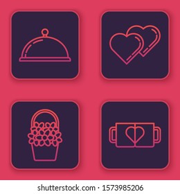 Set line Covered with a tray of food, Flowers in a basket, Two Linked Hearts and Two coffee cup and heart. Blue square button. Vector