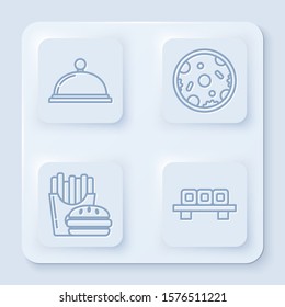 Set line Covered with a tray of food, Pizza, Burger and french fries in carton package box and Sushi on cutting board. White square button. Vector