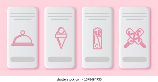 Set line Covered with a tray of food, Ice cream in waffle cone, Doner kebab and Ice cream. White rectangle button. Vector
