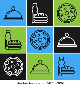 Set line Covered with a tray of food, Pizza and Bottle of water and burger icon. Vector