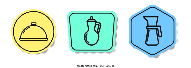 Set line Covered with a tray of food , Bottle of olive oil  and Measuring cup. Colored shapes. Vector