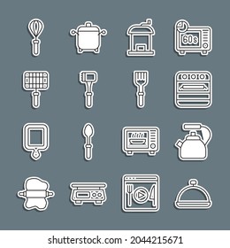 Set line Covered with tray of food, Kettle handle, Oven, Manual coffee grinder, Kitchen hammer, Barbecue steel grid, whisk and Fork icon. Vector