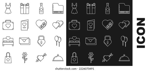 Set line Covered with a tray of food, Balloons ribbon, Two Linked Hearts, Champagne bottle, Valentines day party flyer heart, Suitcase for travel, Woman dress and Candy shaped box and bow icon. Vector