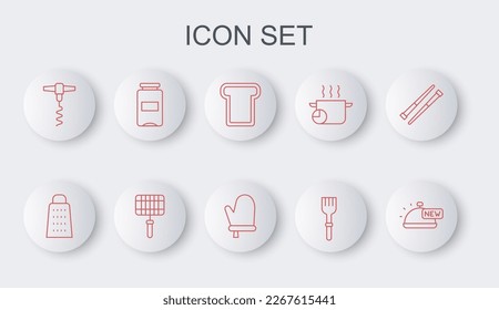 Set line Covered with tray of food, Grater, Bread toast, Fork, Wine corkscrew, Jam jar, Barbecue steel grid and Oven glove icon. Vector