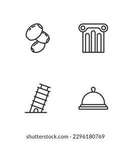 Set line Covered with tray of food, Leaning tower in Pisa, Olives and Ancient column icon. Vector