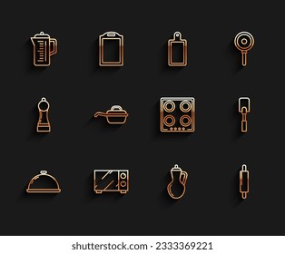 Set line Covered with a tray of food, Microwave oven, Teapot, Bottle olive oil, Rolling pin, Frying pan, Spatula and Gas stove icon. Vector