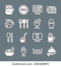 Set line Covered with tray of food, Coffee cup, Chicken egg on stand, Online ordering delivery, Fork, spoon knife, pot, Kettle handle and Ice cream bowl icon. Vector