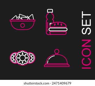 Set line Covered with a tray of food, Donut sweet glaze, Bottle water and burger and Nachos in plate icon. Vector