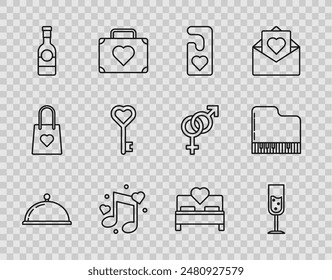 Set line Covered with a tray of food, Glass champagne, Please do not disturb heart, Music note, tone hearts, Champagne bottle, Key in shape, Bedroom and Grand piano icon. Vector