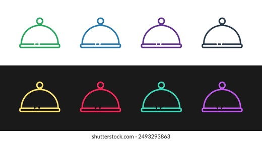 Set line Covered with a tray of food icon isolated on black and white background. Tray and lid. Restaurant cloche with lid. Kitchenware symbol.  Vector