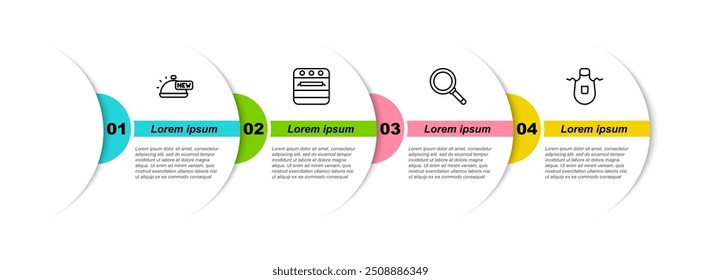 Set-Linie Bedeckt mit Tablett mit Lebensmitteln, Backofen, Pfanne und Küchenschürze. Vorlage für Geschäftsinformationen. Vektorgrafik