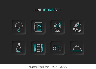 Set line Coberto com bandeja de comida, ovo de galinha, prato, garfo e faca, Frasco de molho, Carne de bife, perna, Livro de receitas e ícone de cogumelo. Vetor